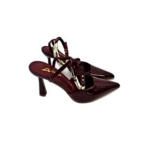 Liliana Burgundy Patent Pointed Toe Heels Ankle Strap Gold Accent Size 7.5